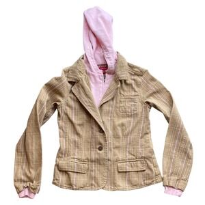 Limited Too Kids Tan Pink Plaid Blazer Jacket with Attached Hoodie Size XL, Y2K